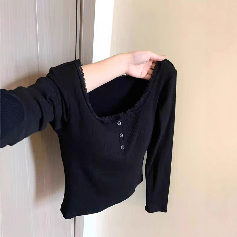 Sweet Lace U-Neck Long-Sleeved T-Shirt for Women in Autum New Slimming Look and Versatile Basic Tops for Small People Sweet Lace U-Neck Long-Sleeved T-Shirt for Women in Autum New Slimming Look and Versatile Basic Tops for Small People