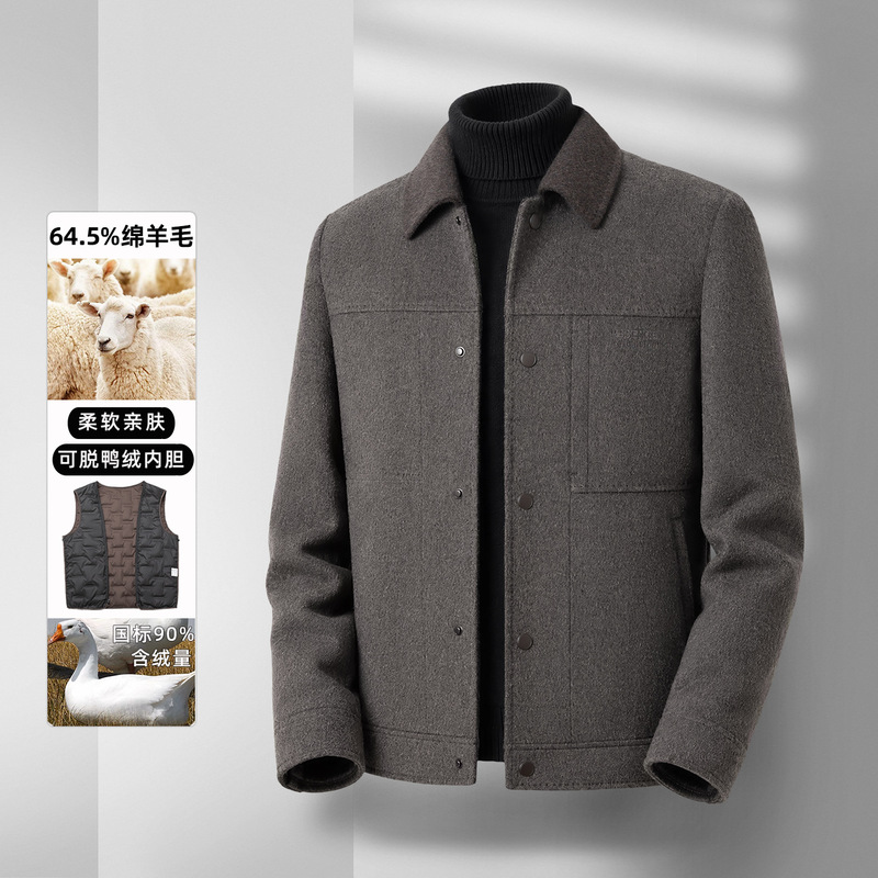 Autumn and winter handmade wool double-sided coat for men, lapel woolen jacket, middle-aged warm down-lined top for men Autumn and winter handmade wool double-sided coat for men, lapel woolen jacket, middle-aged warm down-lined top for men