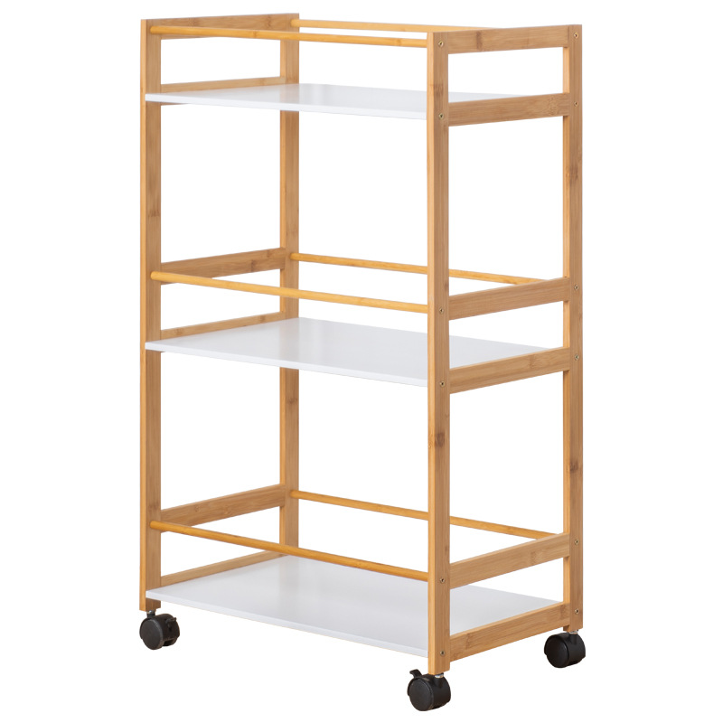 Procesamiento personalizado de tres capas de estantes de almacenamiento de cocina doméstica Nan bambú material rodillo móvil puede frenar el diseño