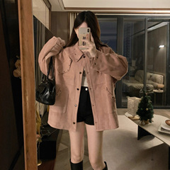 大码韩系休闲百搭鹿皮绒外套女设计感宽松显瘦复古上衣2025新款