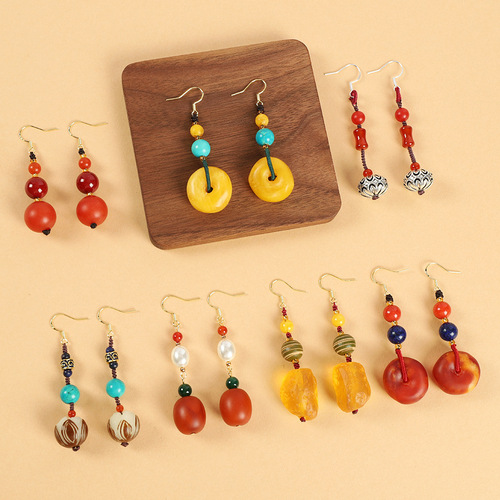 Niche design ethnic style beeswax earrings retro long style artistic temperament female ancient style cheongsam simple Tibetan style earrings