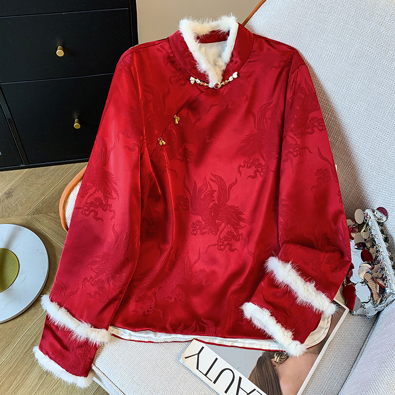 实拍新中式气质水貂毛提花夹棉上衣外套女复古短款茶服中式唐装