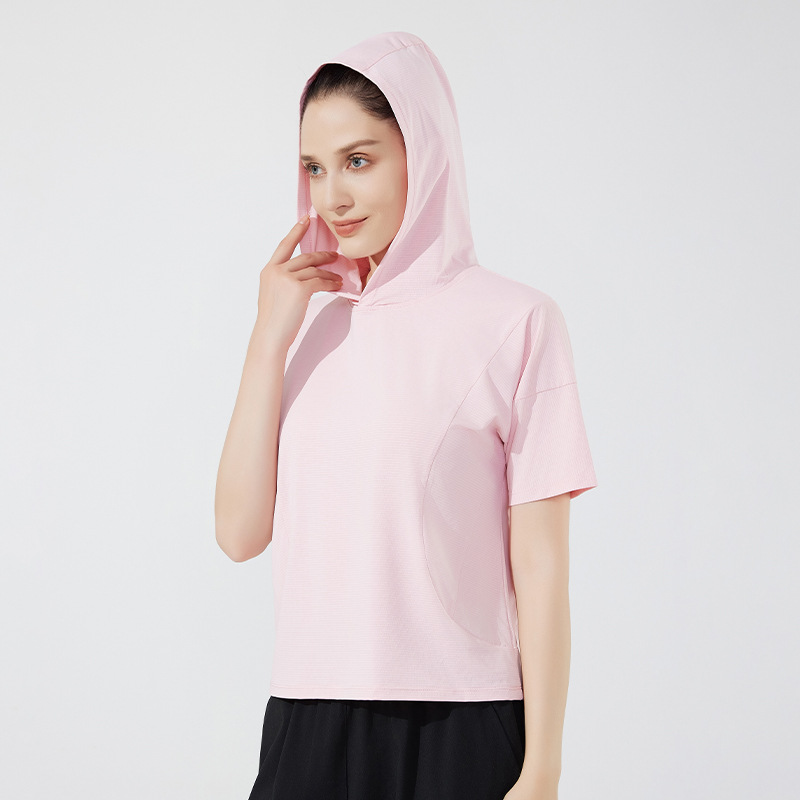 Verano nuevo estilo para hombres y mujeres con el mismo estilo de secado rápido casual de manga corta suelta blusa transfronteriza para correr al aire libre de manga corta con capucha de manga corta