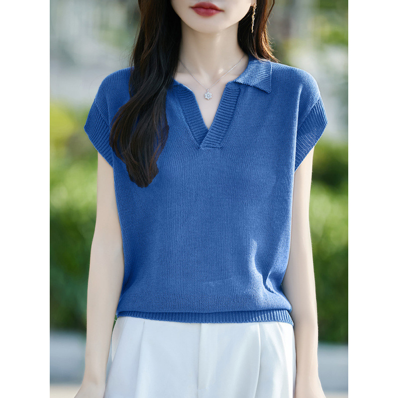 Linen Lapel Knitwear Short-Sleeved T-Shirt for Women 2025 Summer New Pure Color Loose Versatile Bottoming Shirt Top Linen Lapel Knitwear Short-Sleeved T-Shirt for Women 2025 Summer New Pure Color Loose Versatile Bottoming Shirt Top
