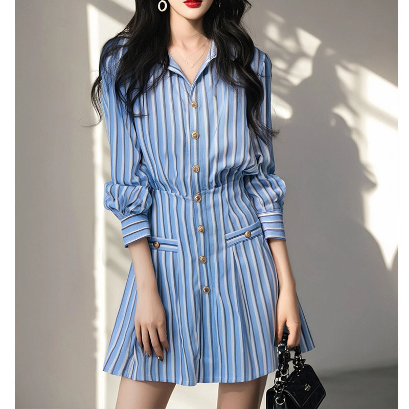 小香风冷淡系du特别致高级感裙子春季蓝色条纹翻领长袖衬衫连衣裙