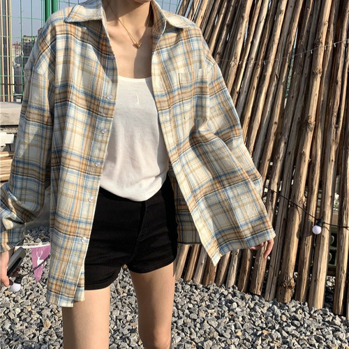 Plaid shirt women's spring summer autumn new Korean style fashionable petite retro long-sleeved blouse casual jacket