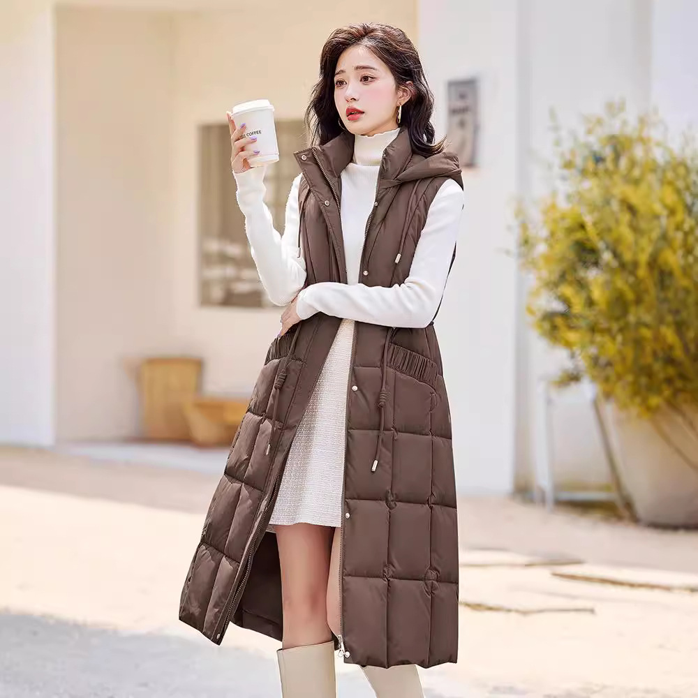 Alergar el chaleco de algodón sobre la rodilla para mujeres 2024 otoño y invierno nuevo chaleco de hombro de cintura de moda versátil abrigo grueso de moda