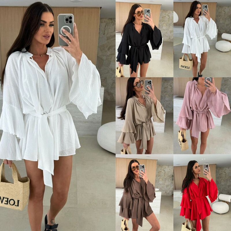 2025 Amazon Europe and America Cross-border New Autumn Solid Color V-Neck Irregular Lace-up Long Sleeve Loose dress Women