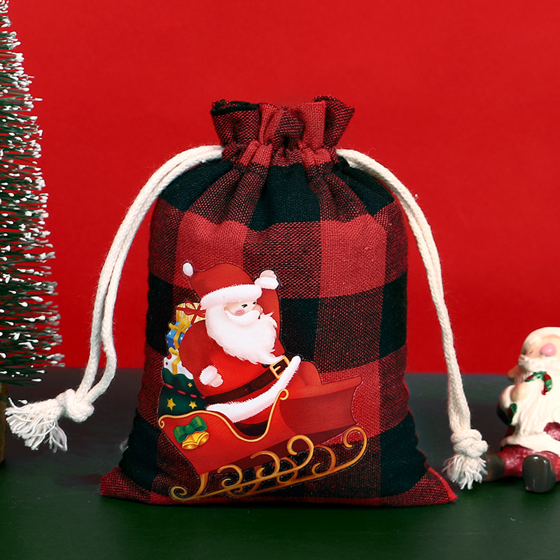 Bolsa de algodón a cuadros de Navidad con cordón Bolsa de embalaje de regalo de caramelo de Navidad Calendario de Adviento bolsa pequeña al por mayor