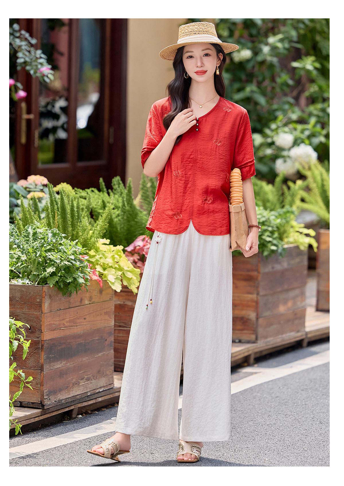 Bộ hai mảnh nữ hè 2026 áo thêu phối quần ống rộng cao cấp MM6652 — Màu hồng, màu đỏ chi tiết 16