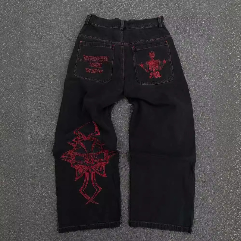 This Year's Y2K Jeans for Men, Hip-Hop Retro Skull Washed Loose Jeans, Casual Wide-Leg Pants Wholesale