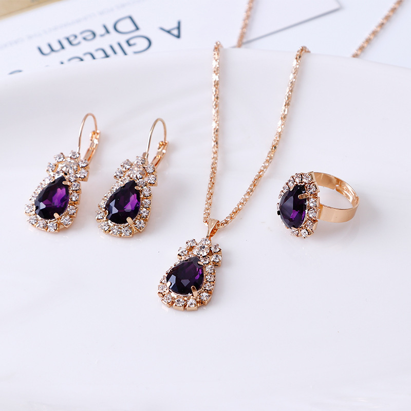 European And American Fashion Water Drop Rhinestone Necklace Earrings Ring Set display picture 6