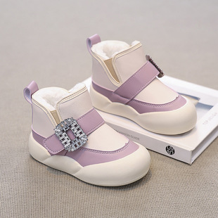 Children's Northeast Large Cotton Boots Snow Boots 2024 Winter New Children's fleece-lined Warm Cotton Shoes Girls All-match Rhinestones