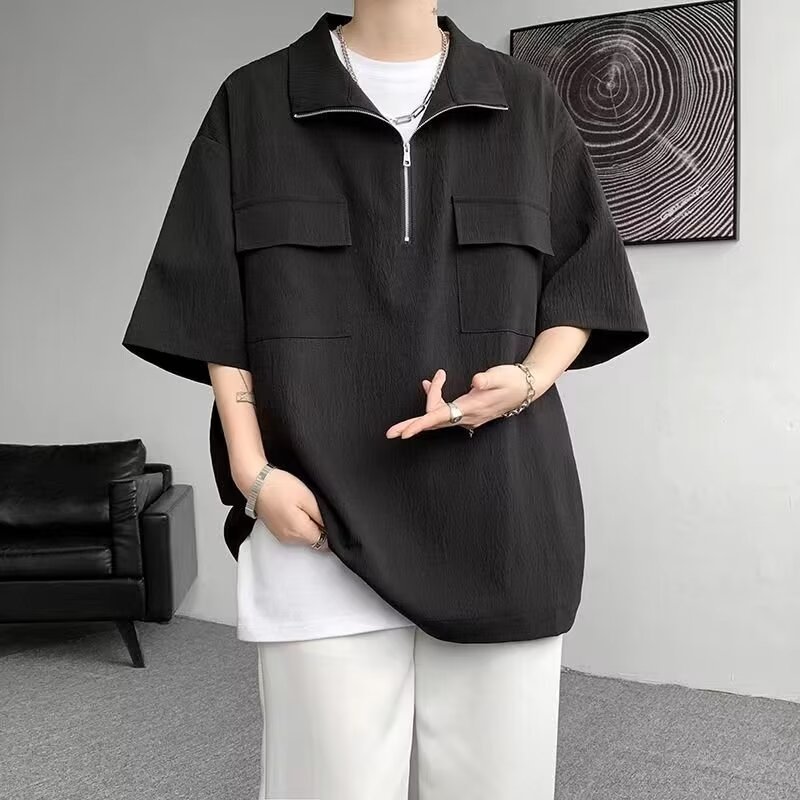 Verano con cuello plegable de verano medio cremallera camisa de manga corta hombre suelta camisa de color sólido de alto nivel polo camiseta
