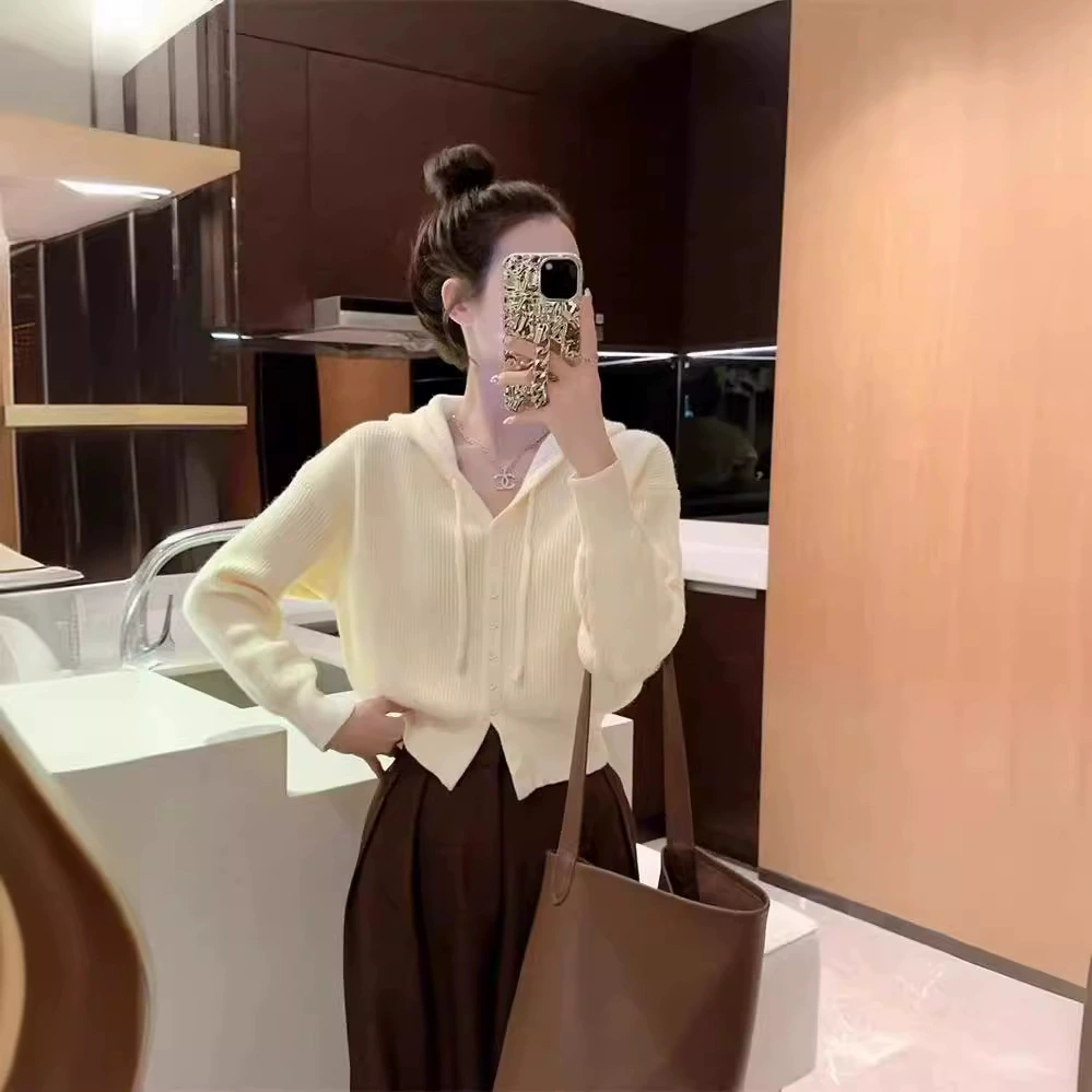 2024 весна новый свитер женский свободный корейский с капюшоном с длинными рукавами короткий маленький человек может носить вязаную куртку внутри