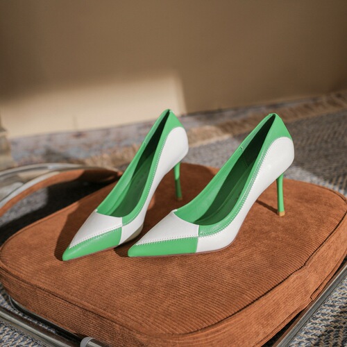 85507 Pointed toe color block high heels women's stiletto heels 2024 spring and summer new fashion versatile green shallow mouth single shoes