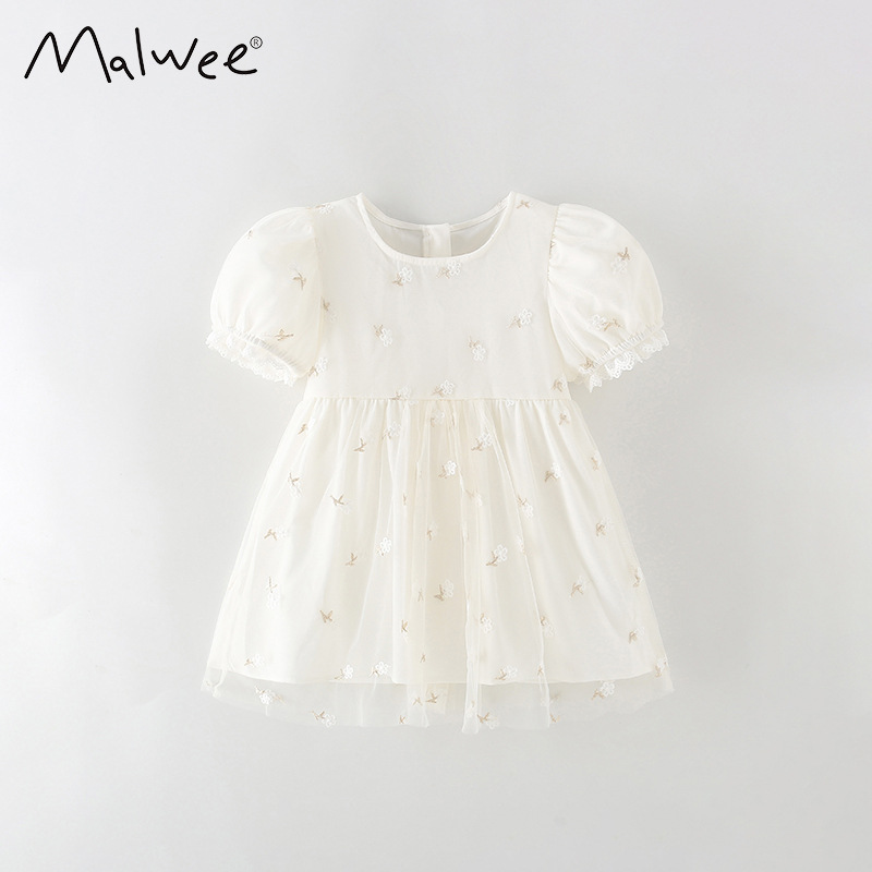 in stock malwee girls dress summer new European and American children's western style round neck short sleeve skirt for little girls