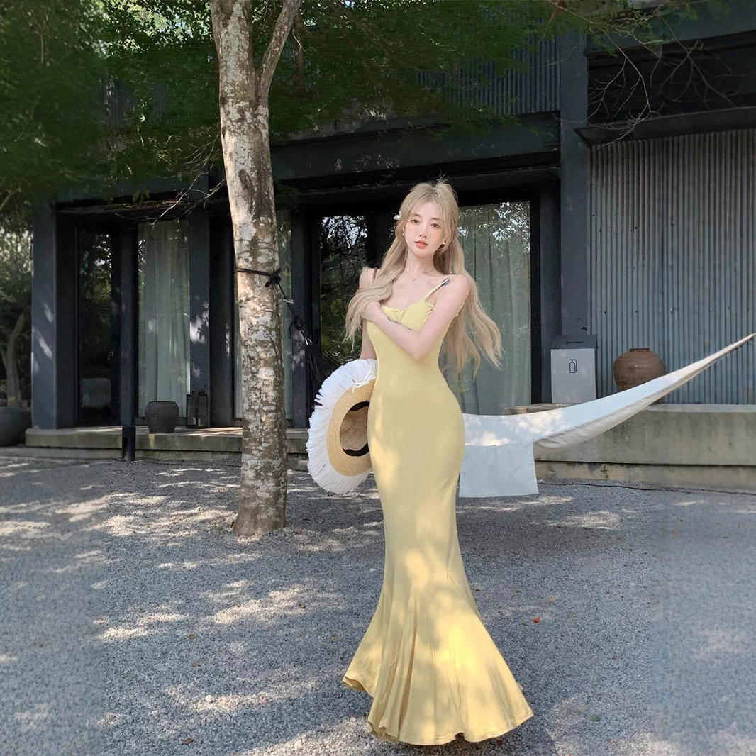 Желтое французское подтяжковое платье женское летнее чистое желание юбка продвинутое чувство шаг за шагом