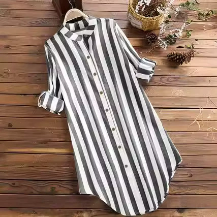 2023 осень новая женская мода в полоску с длинными рукавами женская рубашка повседневная большая модель хлопка и льна женская рубашка оптом