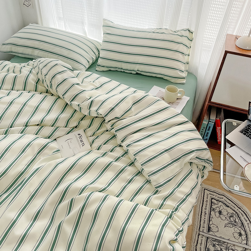 ins Style Striped Washed Cotton Four-piece Set Student Dormitory Solid Color Bed Sheet Quilt Cover Three-piece Simple Bedding