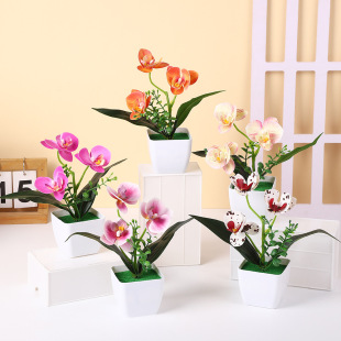 Artificial Fake Flower Small Square Pot with 3 Phalaenopsis Orchids for Home Office Decoration, Small Potted Fake Bonsai Green Plant Bonsai Ornament