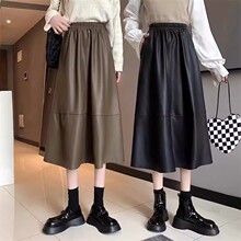 PU皮中长款半身裙女2024秋冬新款高腰显瘦伞裙休闲包臀A字皮裙子
