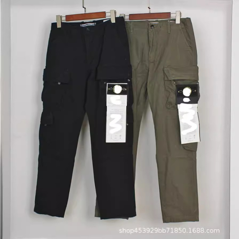 Cross-Border Stone Stone Multi-Pocket Badge Pants Solid Color Washed Straight-Leg Pants Casual Pants Long Pants Cargo Pants