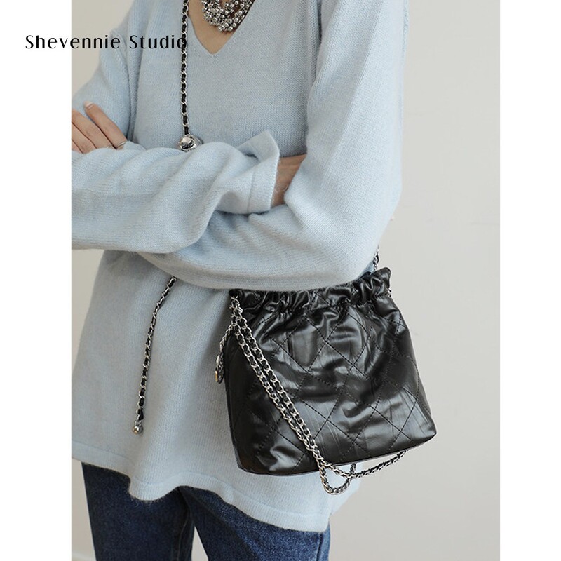 Chanel-Style First-Layer Cowhide Adjustable Chain Trash Bag Tote Bag Bucket Bag Women's Trendy Shoulder Bag Crossbody Bag