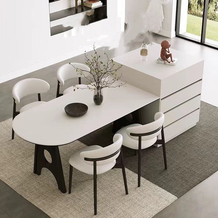 Mesa de comedor de la península de pizarra de roca ovalada de madera maciza estilo retrógrado simple mesa de comedor de pizarra de roca blanca pura