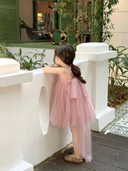 女童紗裙2024夏裝氣質禮服粉系綁帶蝴蝶結蓬蓬網紗公主吊帶連衣裙