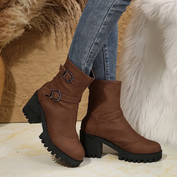Big size thick heel boots women's autumn and winter fashion belt buckle explosive short boots cotton boots fashion boots_voghion.com