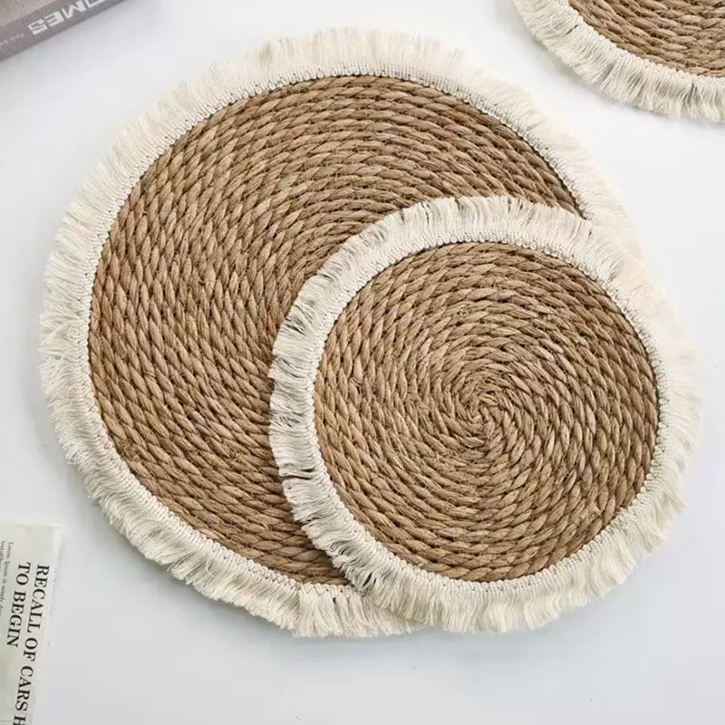 流苏边草编餐垫加厚隔热砂锅垫圆形蒲草麻绳编织餐桌盘垫子餐具