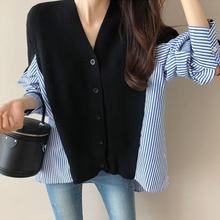 春秋长袖针织开衫女韩版v领拼接撞色辣妹宽松条纹时尚百搭针织衫