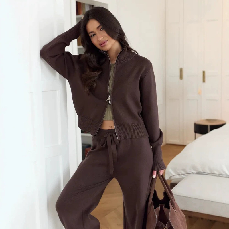 Cross-Border Double-Zip Sweater Set, European and American Style, New Autumn and Winter Fashion, Elegant Commuting Fashion, Casual Wide-Leg Pants Two-Piece Set
