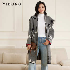 12针双提围巾领格纹无扣针织开衫外套山羊绒落肩袖有兜宽松长衫女