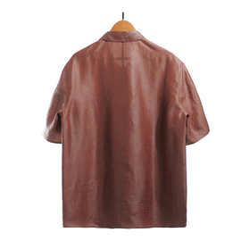 夏季男士中国风时尚休闲品质红龟纹香云纱翻领桑蚕丝短袖衬衫现货