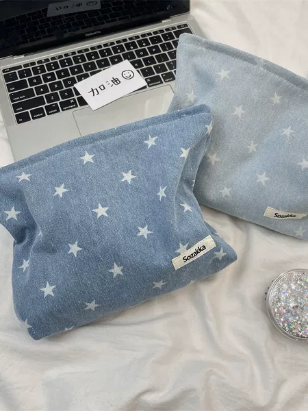 410125 South Korea ins Denim storage zipper bag mobile phone eye shadow lipstick cosmetics storage makeup travel bag