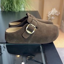 厚底圆头增高博肯包头拖鞋女2025新款百搭透气休闲牛皮半拖女鞋