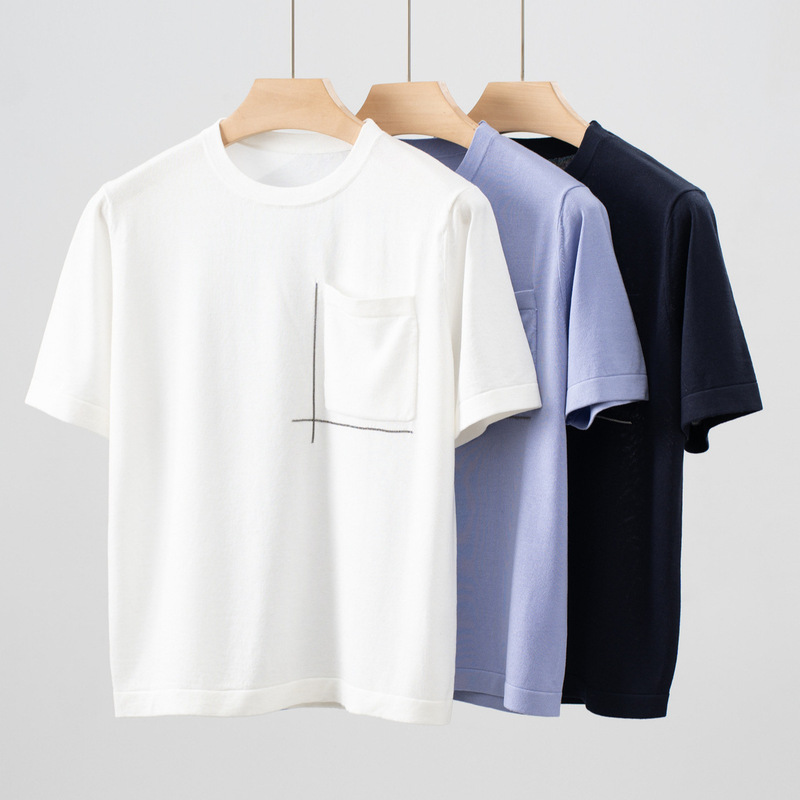 Bc Spring/Summer New Wool Tencel Beaded Pocket Round Neck Knitted Short Sleeve Casual Versatile Thin Top for Women