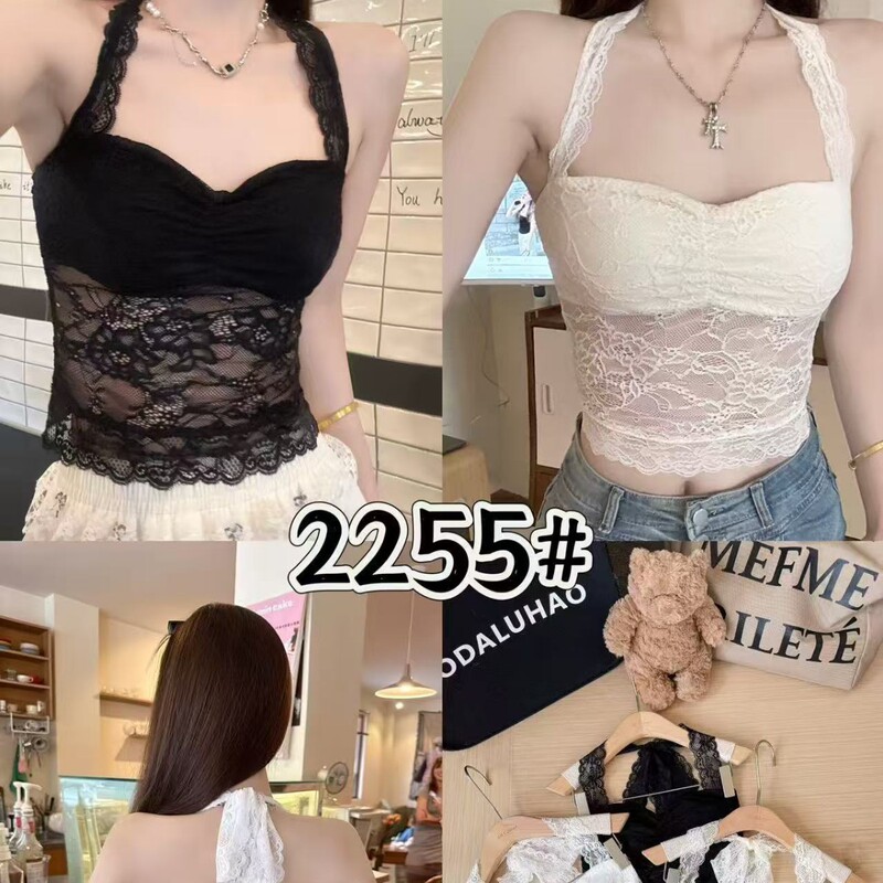 Ins European and American Style Ruched Bust Halter Lace Tank Top Sexy Backless Slimming Cross-Border Camisole Ins European and American Style Ruched Bust Halter Lace Tank Top Sexy Backless Slimming Cross-Border Camisole