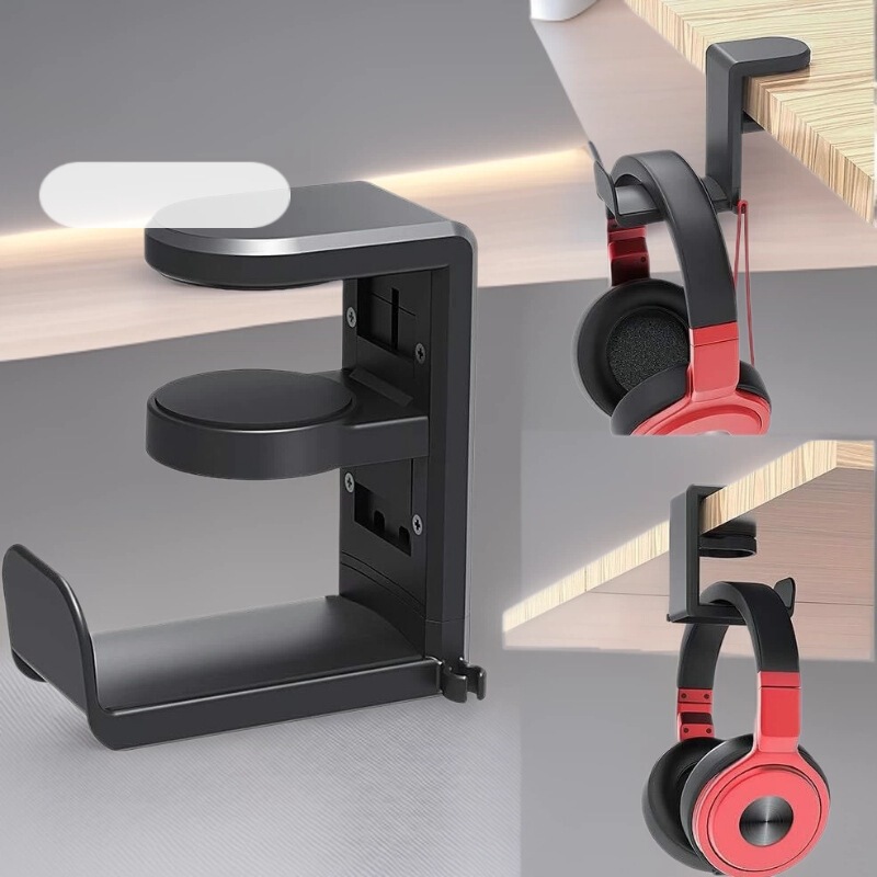 Cross-Border Hot-Selling Private Label In-Stock No-Drill Hooks 360 ° Rotating Headphone Stand, Adhesive-Free Clip-On Storage Rack