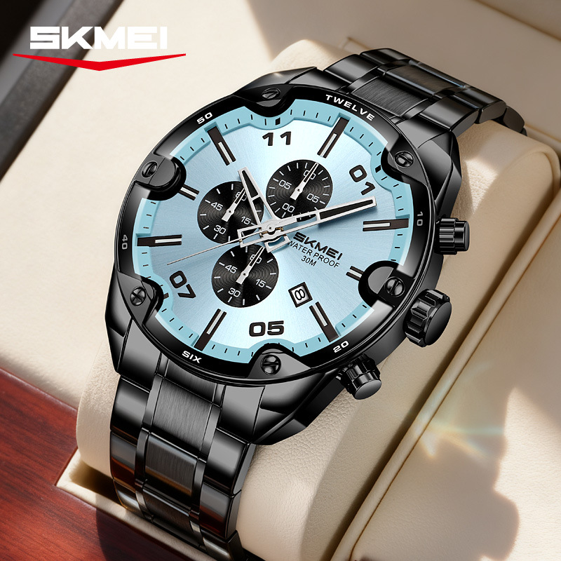 Momento de belleza reloj de hombre tres ojos multifuncional impermeable reloj de hombre correa de acero relojes de pulsera personalizados transfronterizos fábrica al por mayor