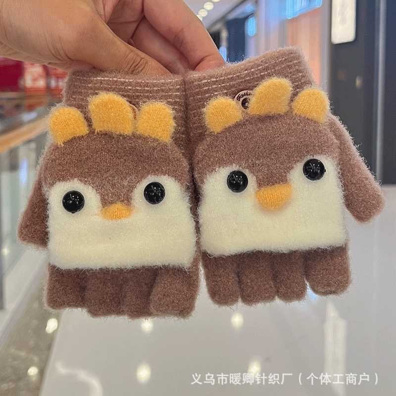 Guantes para niños otoño y invierno para bebés hembra y mujer gruesos guantes calientes para niños pequeños estudiantes de primaria escritura medio dedo flip tejer