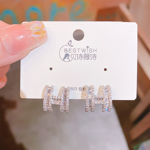Zircon earrings for women,  new trendy light luxury niche design, high-end French silver letter earrings