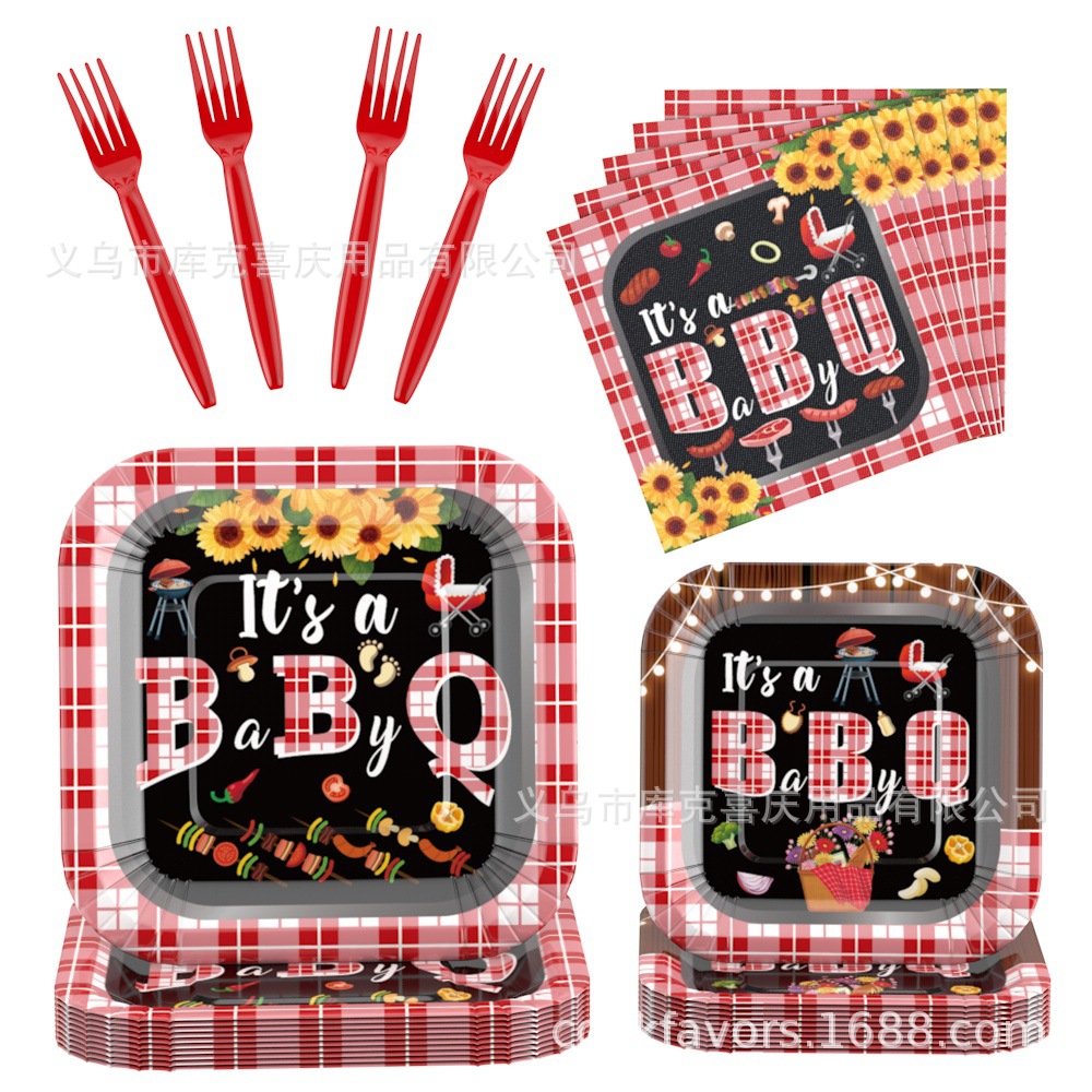 BBQY suministros de decoración de fiesta de bautismo de bebé ducha de bebé dirección desechable bandeja de papel taza de papel mantel juego de vajilla