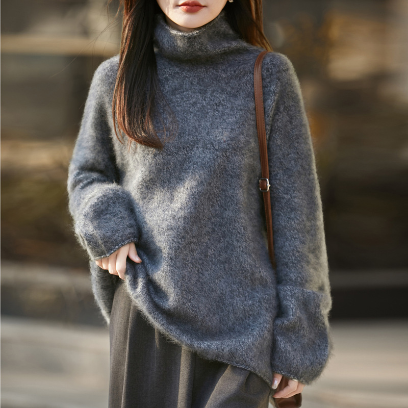 2025 Autumn/Winter New Brushed Floral Knit Wool Sweater for Women, Turtleneck Loose Sweater, Women's Long Sleeve Top