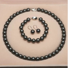 高级感黑色珍珠三件套项链手链耳环套女仿海水大溪地正圆锁骨链新