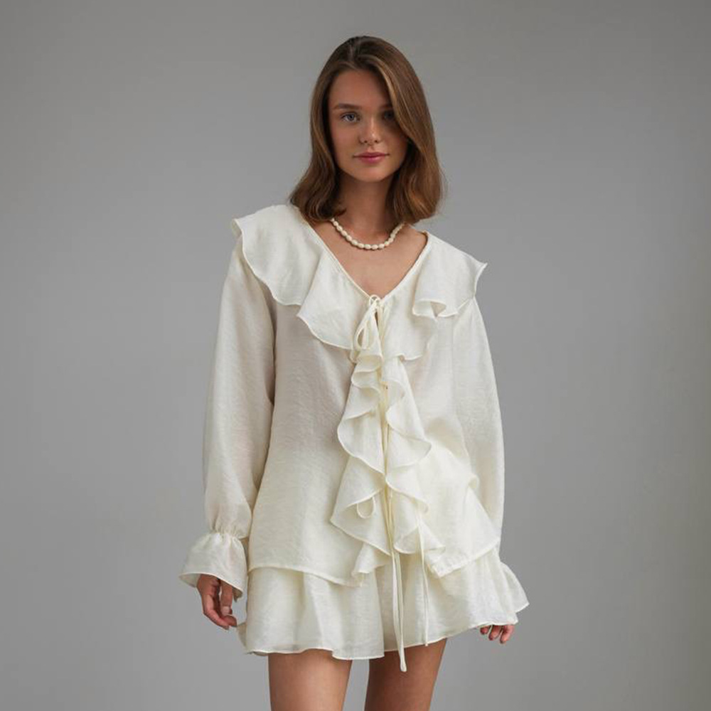 Women's French V Neck Ruffled Shirt And Shorts Set European American Style Summer Tie Front Clothing_ecoleips.com