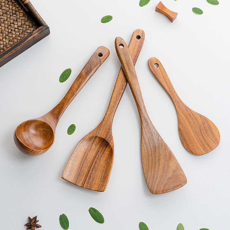 Teak cooking ladle long handle wooden spatula household non-stick frying spatula vegetable spatula wooden spoon wholesale