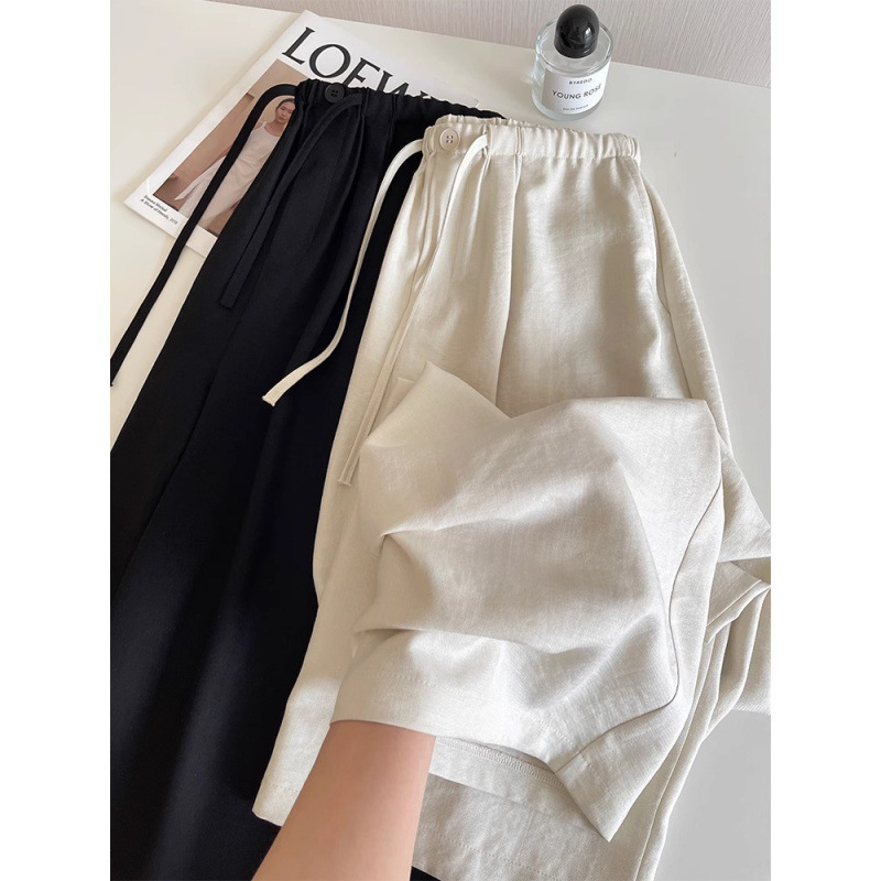 White Linen Wide-Leg Pants for Women, Spring and Summer Thin Loose Drape Relaxed Floor-Length Cotton-Linen Straight Pants